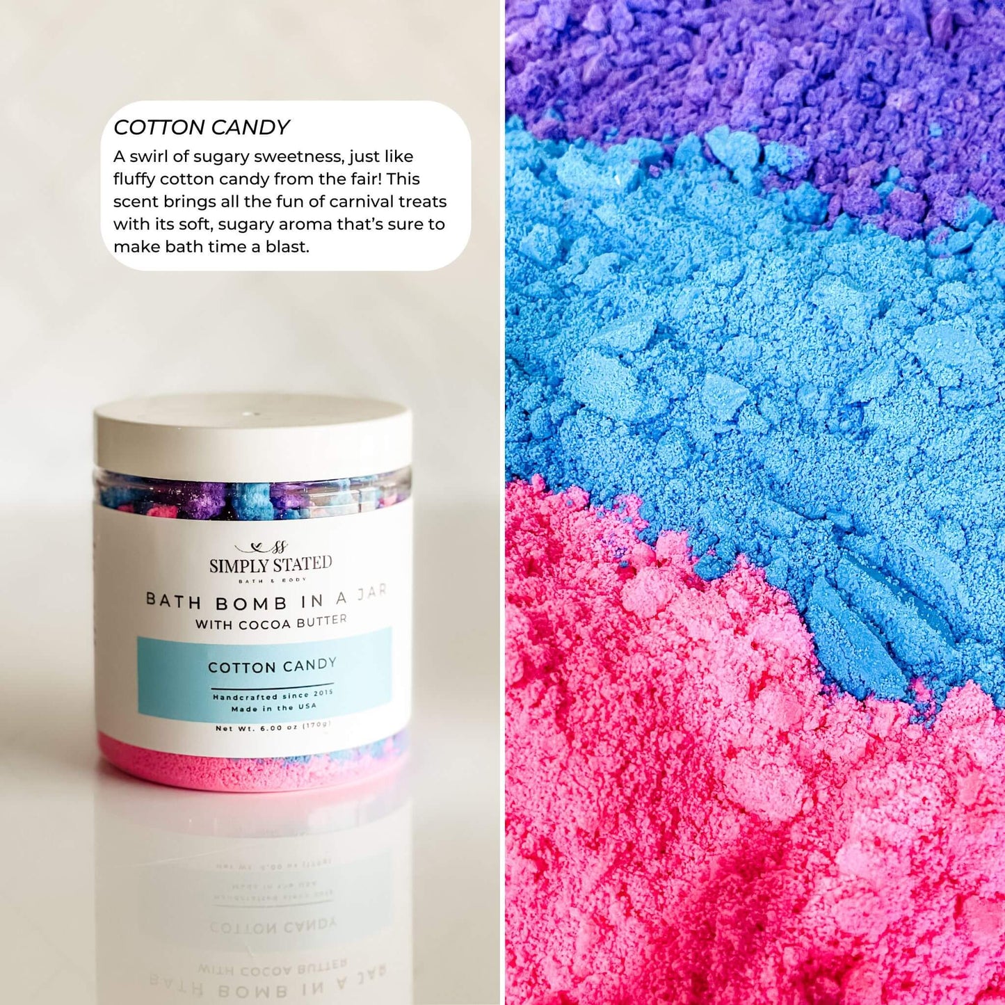 Bath bomb in a jar with cotton candy scent and colorful bath powder.
