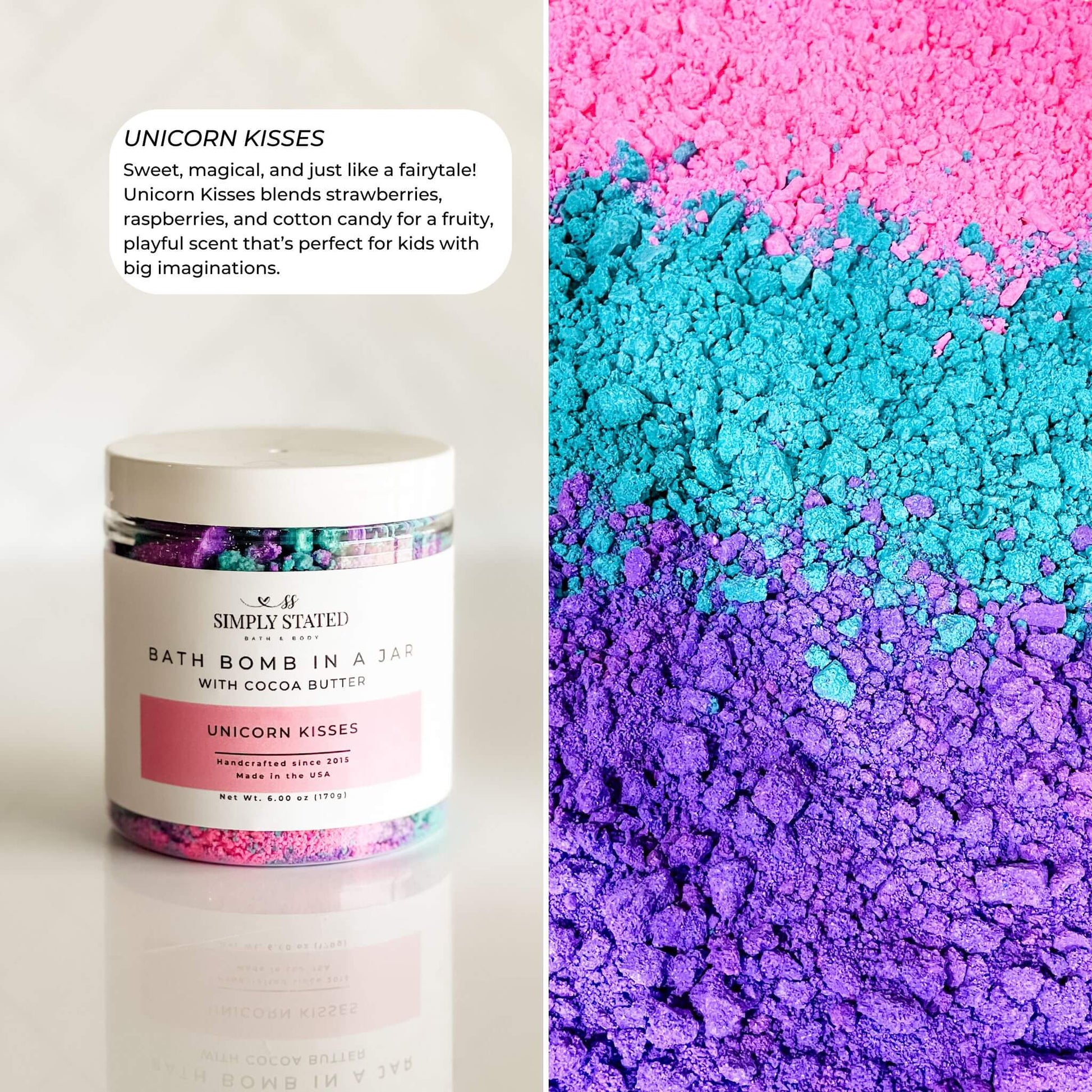 Bath bomb container labeled 'Unicorn Kisses' with colorful bath bomb powder on a white background