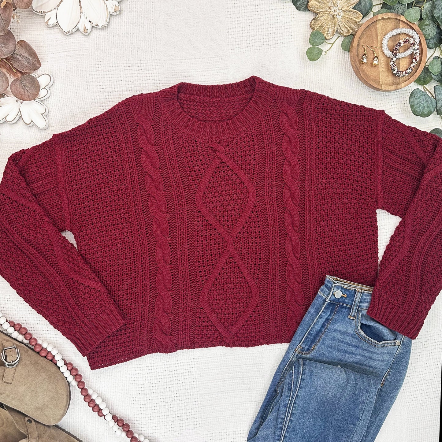IN STOCK Cable Knit Sweater - Cranberry