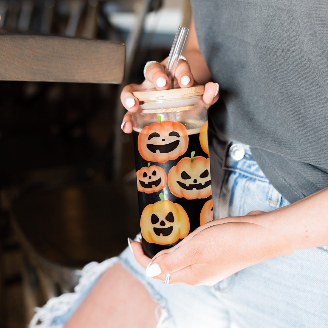 Halloween glass tumbler with straw and lid
Cute pumpkin face drinking glass for fall
Reusable Halloween mason jar with bamboo top