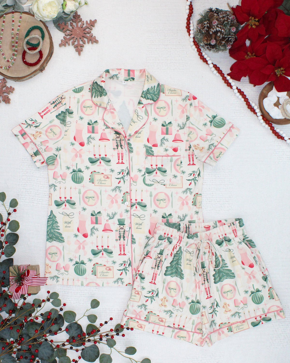 IN STOCK Brooke Top and Shorts Pajama Set - Pink Pine Noel
