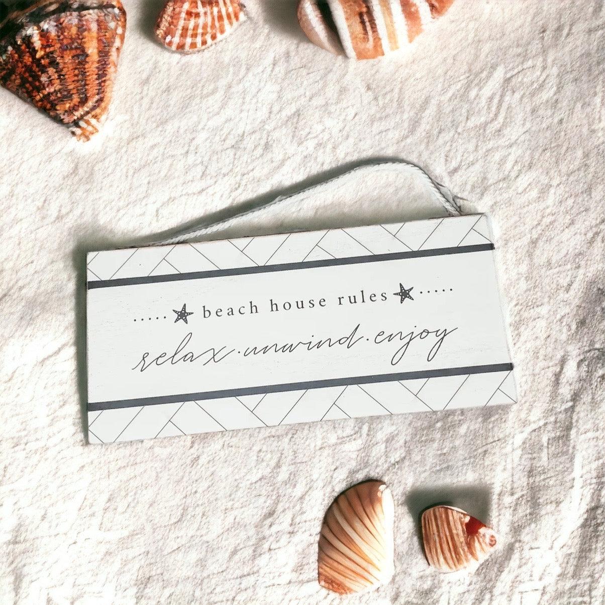 Beach house rules wooden sign with geometric border and rope hanging