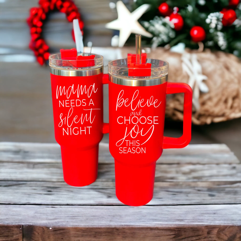 Positive Christmas Quote on a Red Tumbler; Large travel mug with lid, straw and handle in red color and white writing