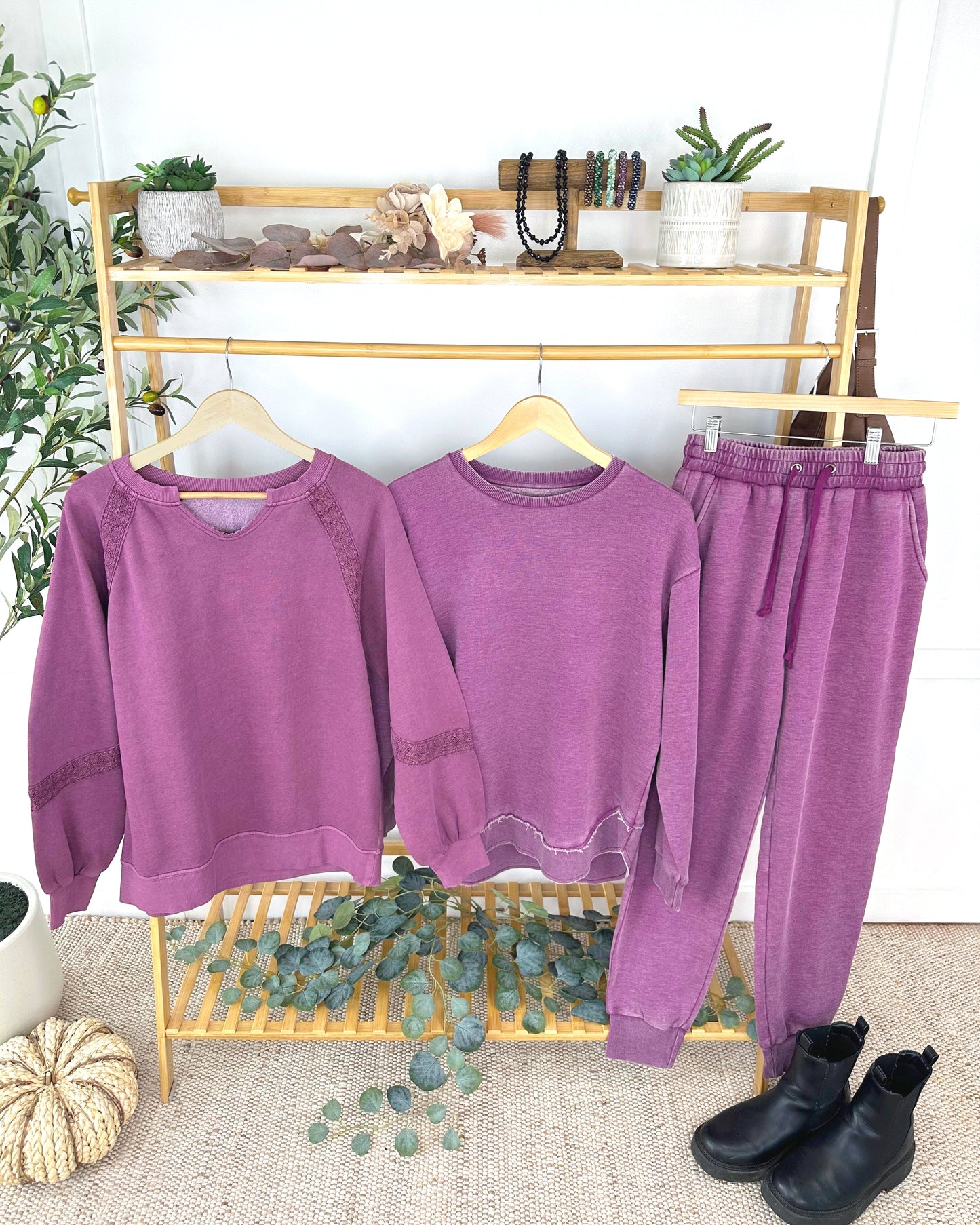 IN STOCK Lace Accent Vintage Wash Pullover - Purple