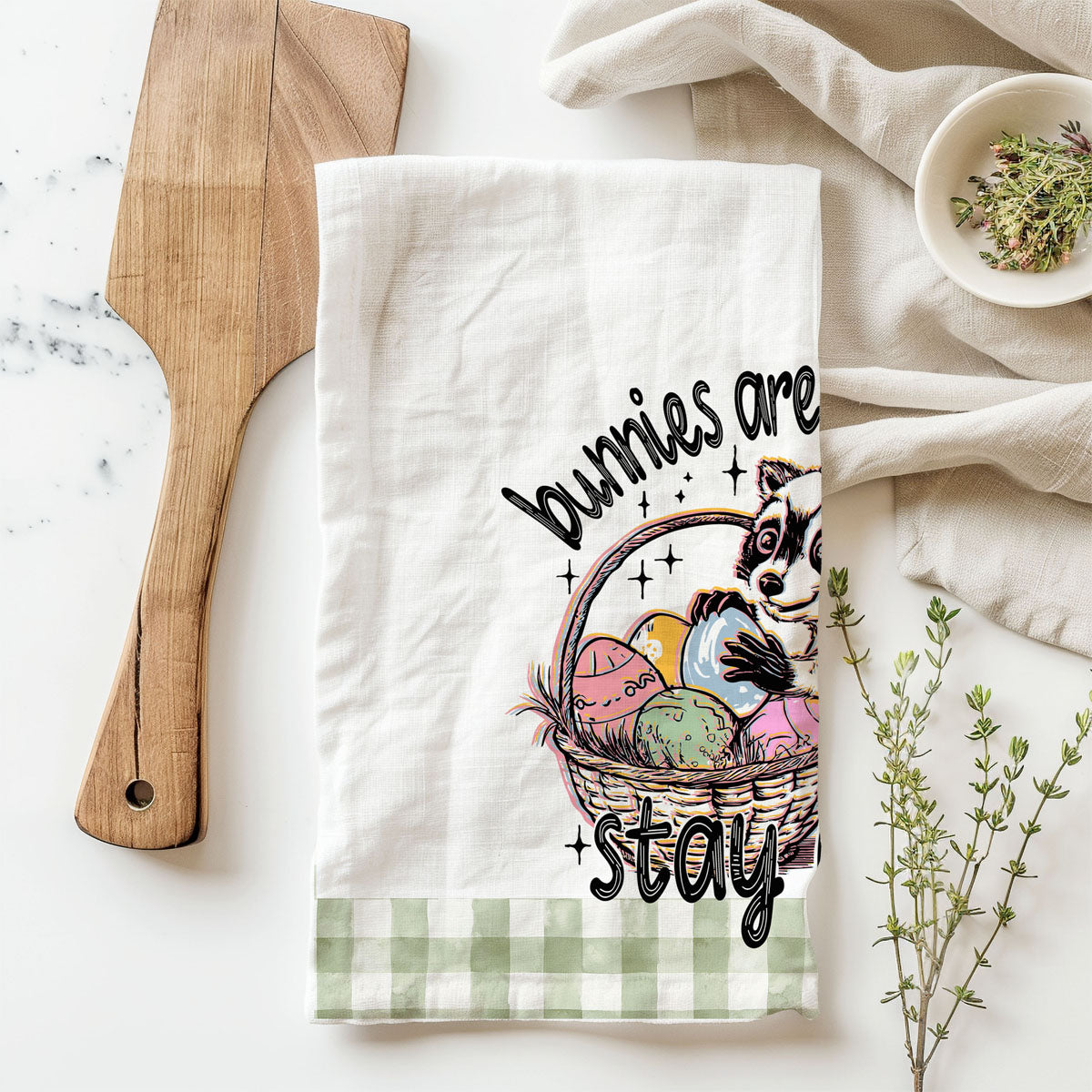 farmhouse easter towel funny rustic decor
gingham trim kitchen towel pastel easter design
modern farmhouse towel stay feral easter gift
boho easter kitchen towel with raccoon print
spring decor funny towel rustic kitchen
unique easter towel for farmhouse display