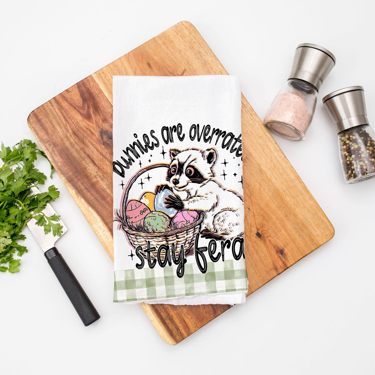 farmhouse funny spring towel for easter decor
easter kitchen towel for moms with humor
trendy funny towel 2026 easter gift idea
raccoon easter towel with pastel gingham trim
quirky easter towel gift for spring