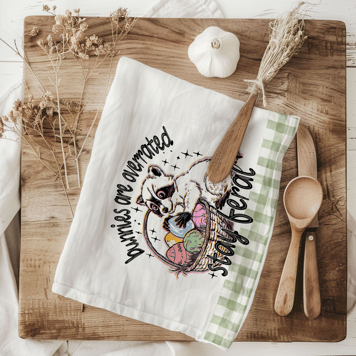 Raccoon humor kitchen towel bunnies overrated eggs
Chaotic Easter raccoon dish towel funny gingham
Funny Easter humor kitchen towel raccoon stay feral
Sarcastic Easter dish towel raccoon bunnies overrated