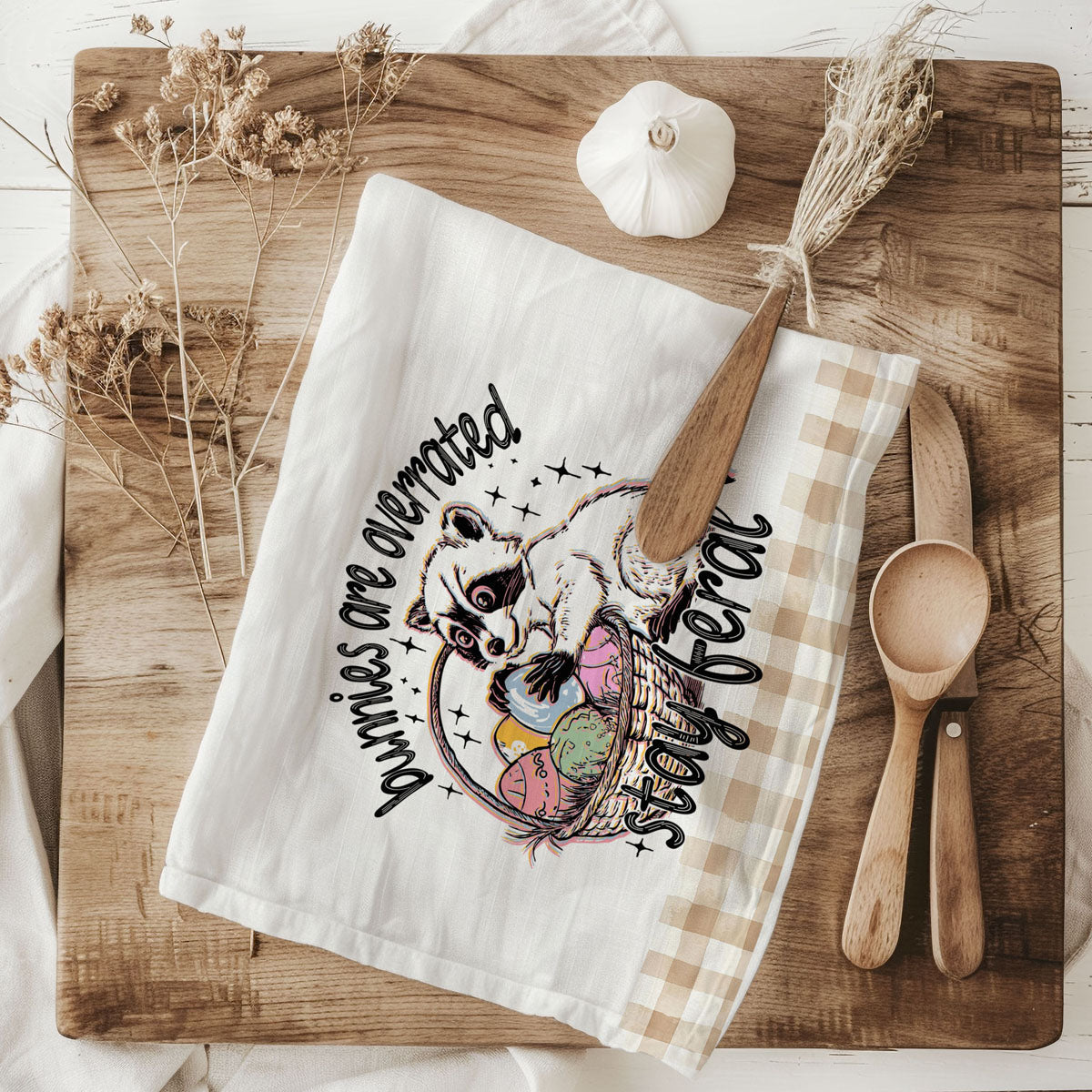 Funny Easter kitchen towel raccoon eggs stay feral farmhouse
Chaotic raccoon dish towel Easter humor gingham spring
Trash panda Easter kitchen towel funny raccoon farmhouse
Stay feral Easter towel raccoon basket eggs gingham