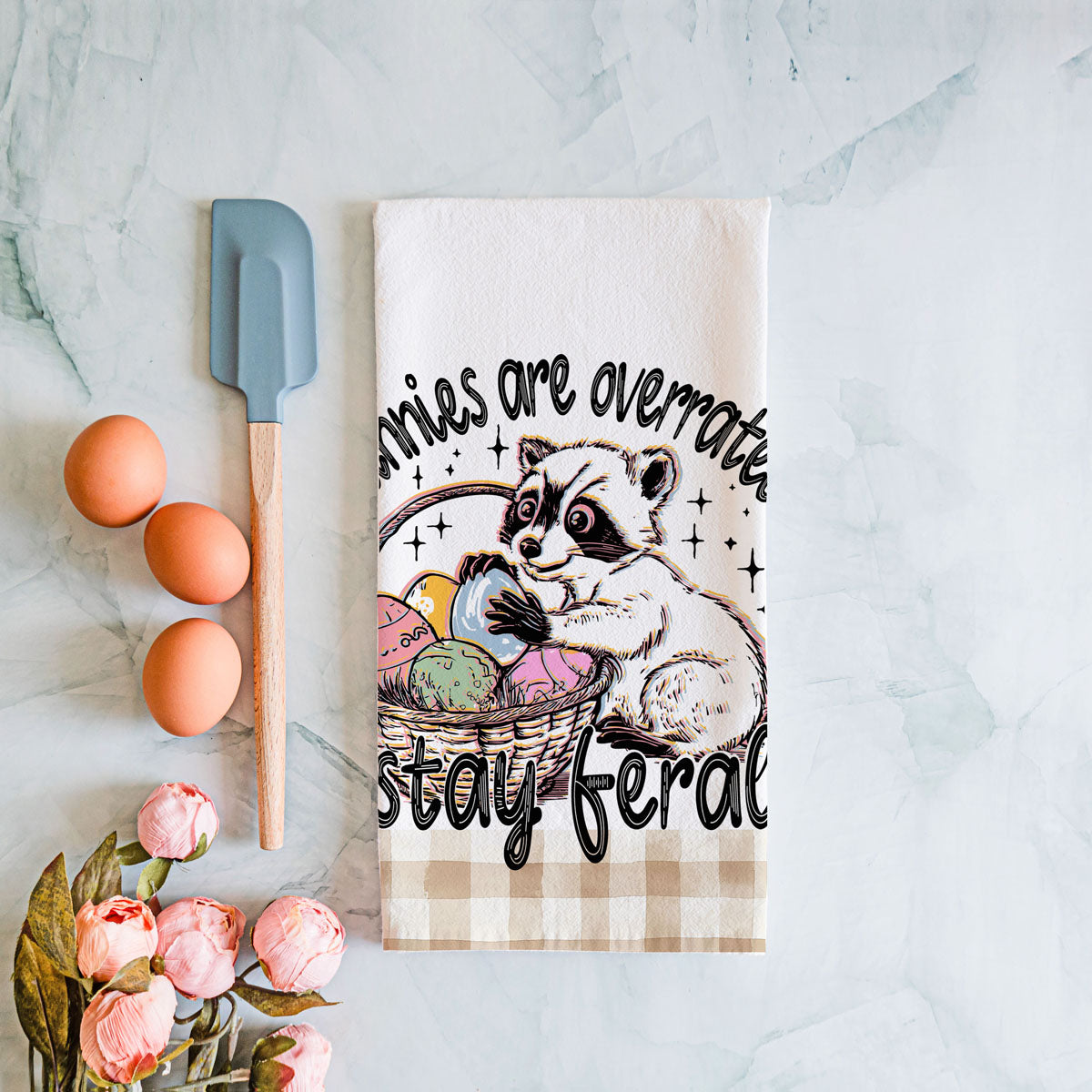 Funny quote kitchen towel raccoon Easter farmhouse
Sarcastic Easter towel raccoon humor gingham spring
Witty raccoon dish towel bunnies overrated Easter
Hilarious Easter kitchen towel funny raccoon eggs
Sassy raccoon towel stay feral Easter farmhouse