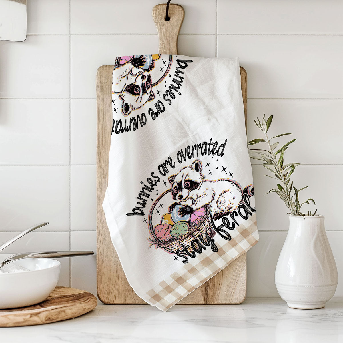 Hilarious raccoon dish towel stay feral Easter humor
Sassy Easter kitchen towel raccoon basket gingham
Clever raccoon towel bunnies overrated funny Easter
Humorous Easter dish towel raccoon eggs stay feral