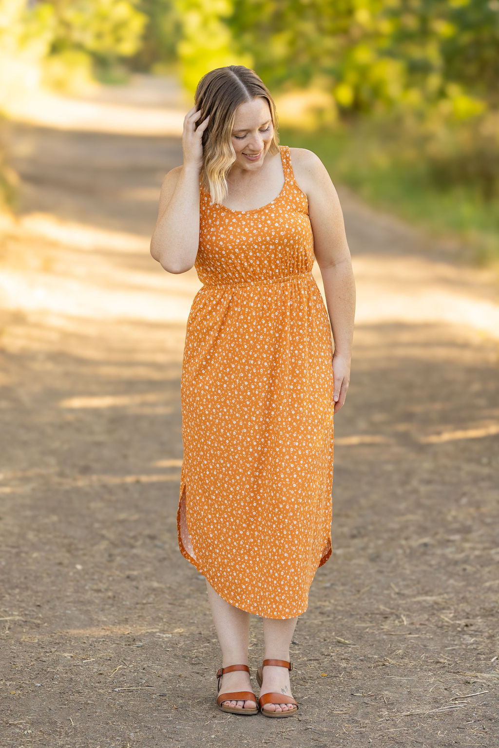 IN STOCK Reagan Ribbed Midi Dress - Pumpkin Floral