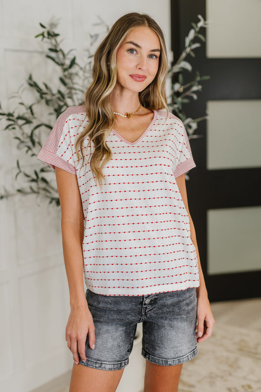 Stitched with Love V-Neck Top in Ivory and Red