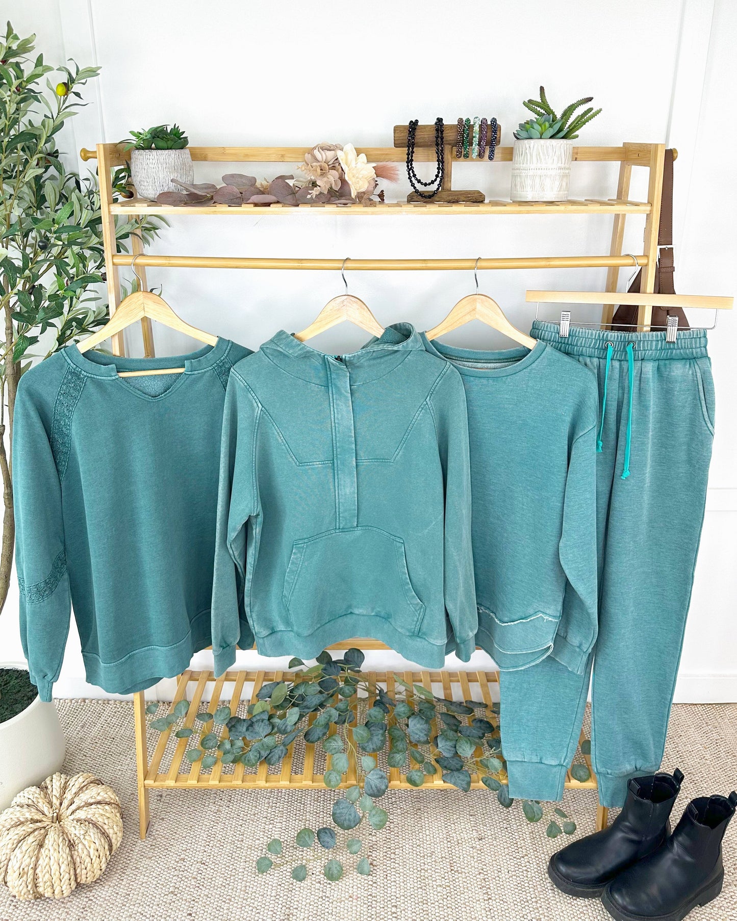 IN STOCK Lace Accent Vintage Wash Pullover - Teal