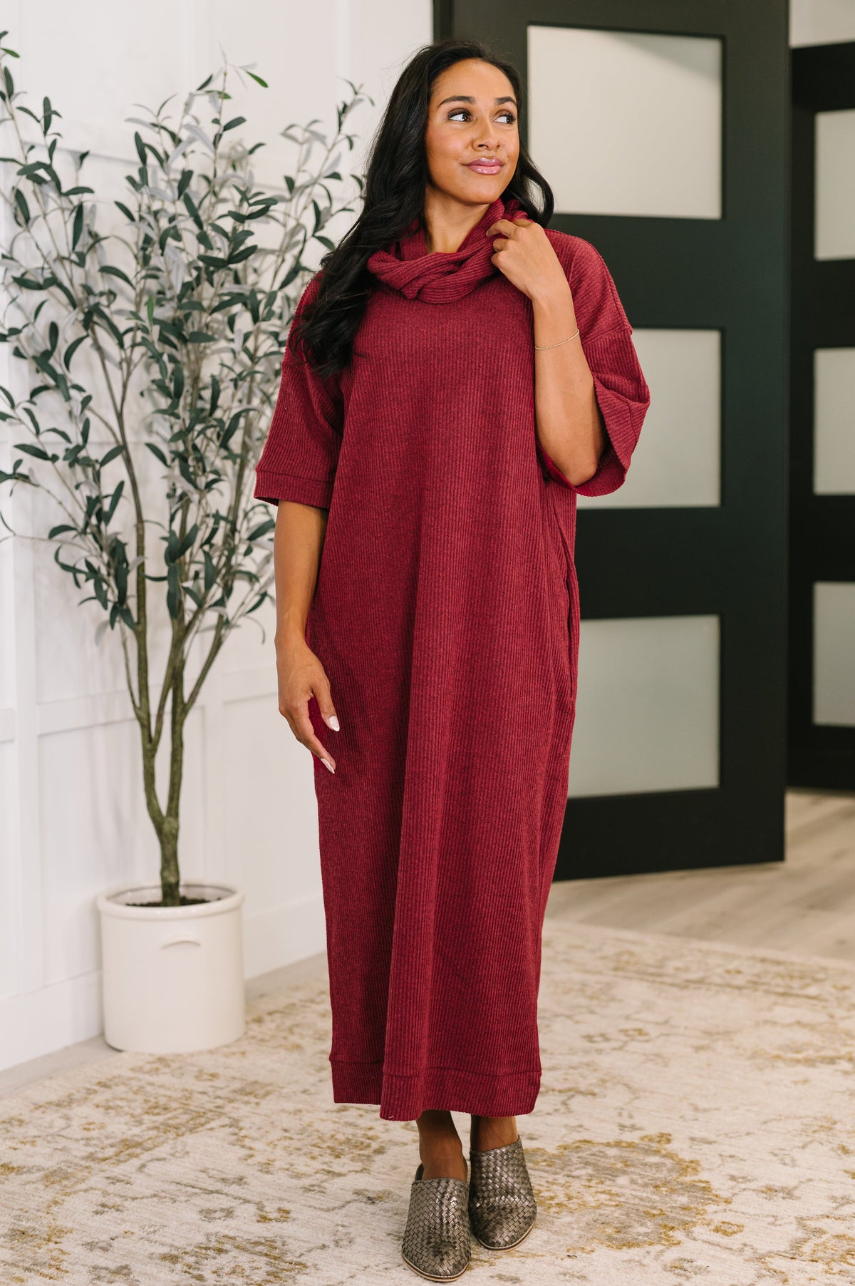 Travel Envy Ribbed Knit Dress in Wine