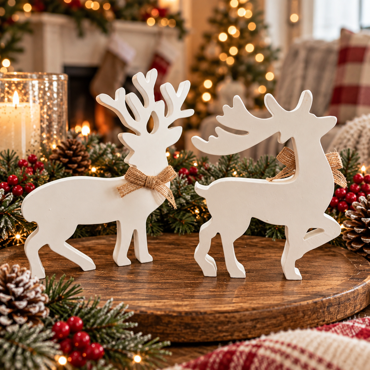 white wooden reindeer centerpiece
rustic deer decorations for Christmas
farmhouse Christmas deer figurines
wooden reindeer decorations for winter