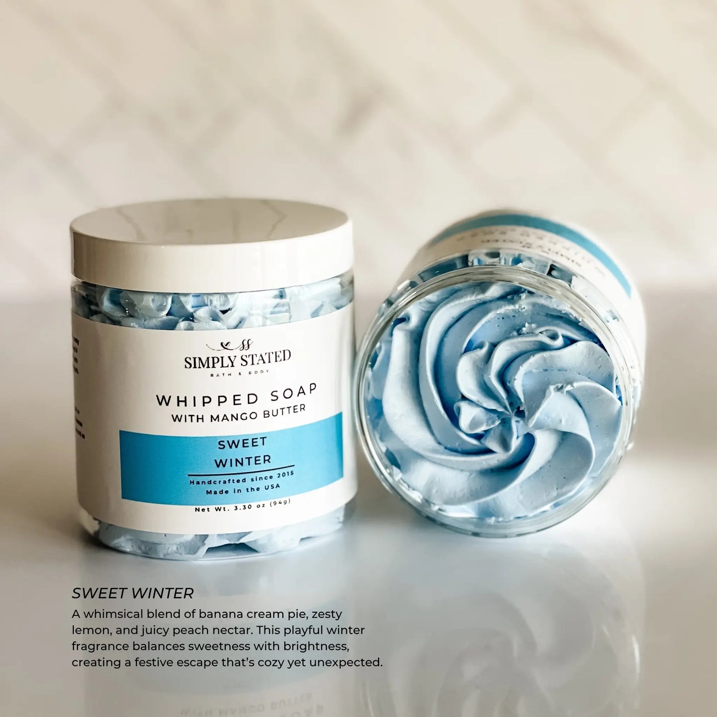 Whipped soap container with 'Simply Stated' branding on a light background