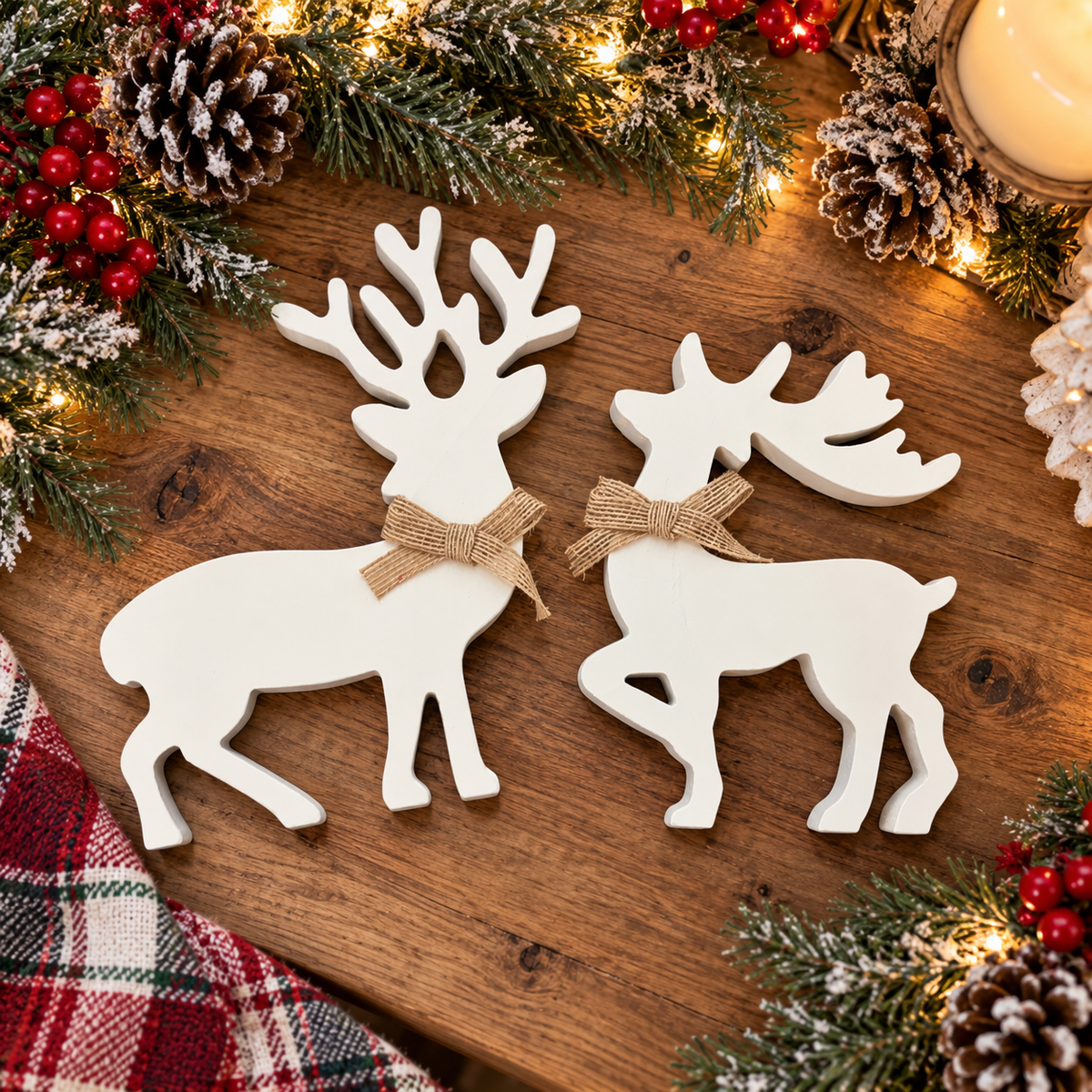 white wooden Christmas reindeer decorations
wooden reindeer Christmas decor set
farmhouse Christmas reindeer decorations