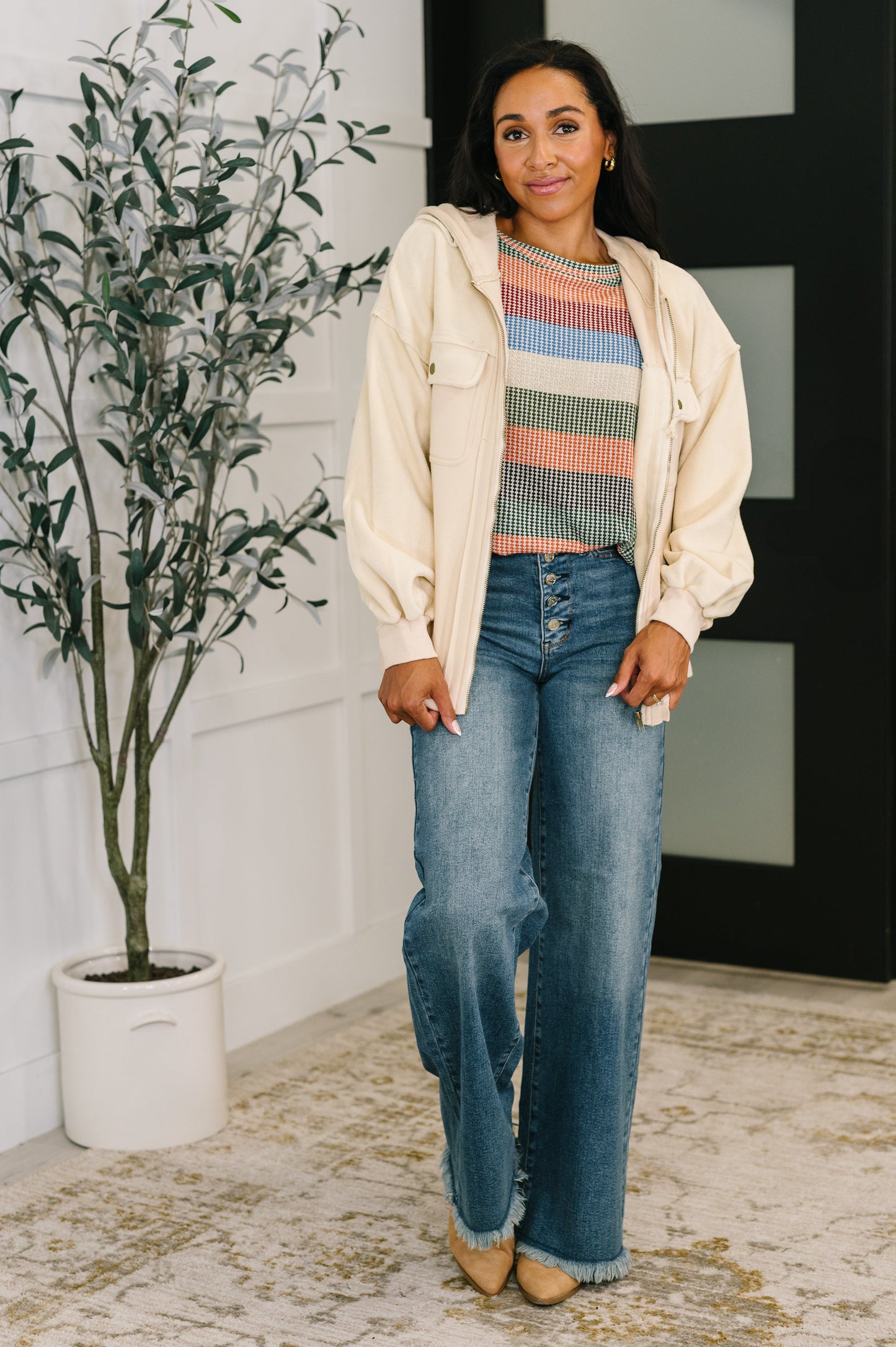 To Be Determined Drop Shoulder Top in Rust, Olive and Blue