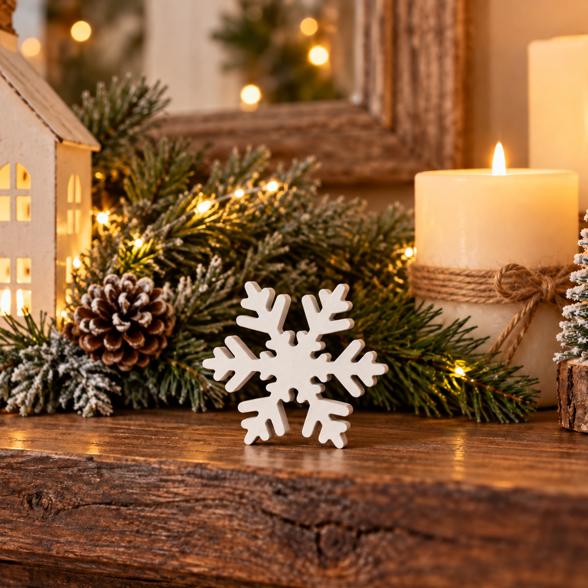 Wooden snowflake Christmas decor, snowflake decor set, white Christmas decor, farmhouse holiday decorations, rustic winter decor, and snowflake table decor.