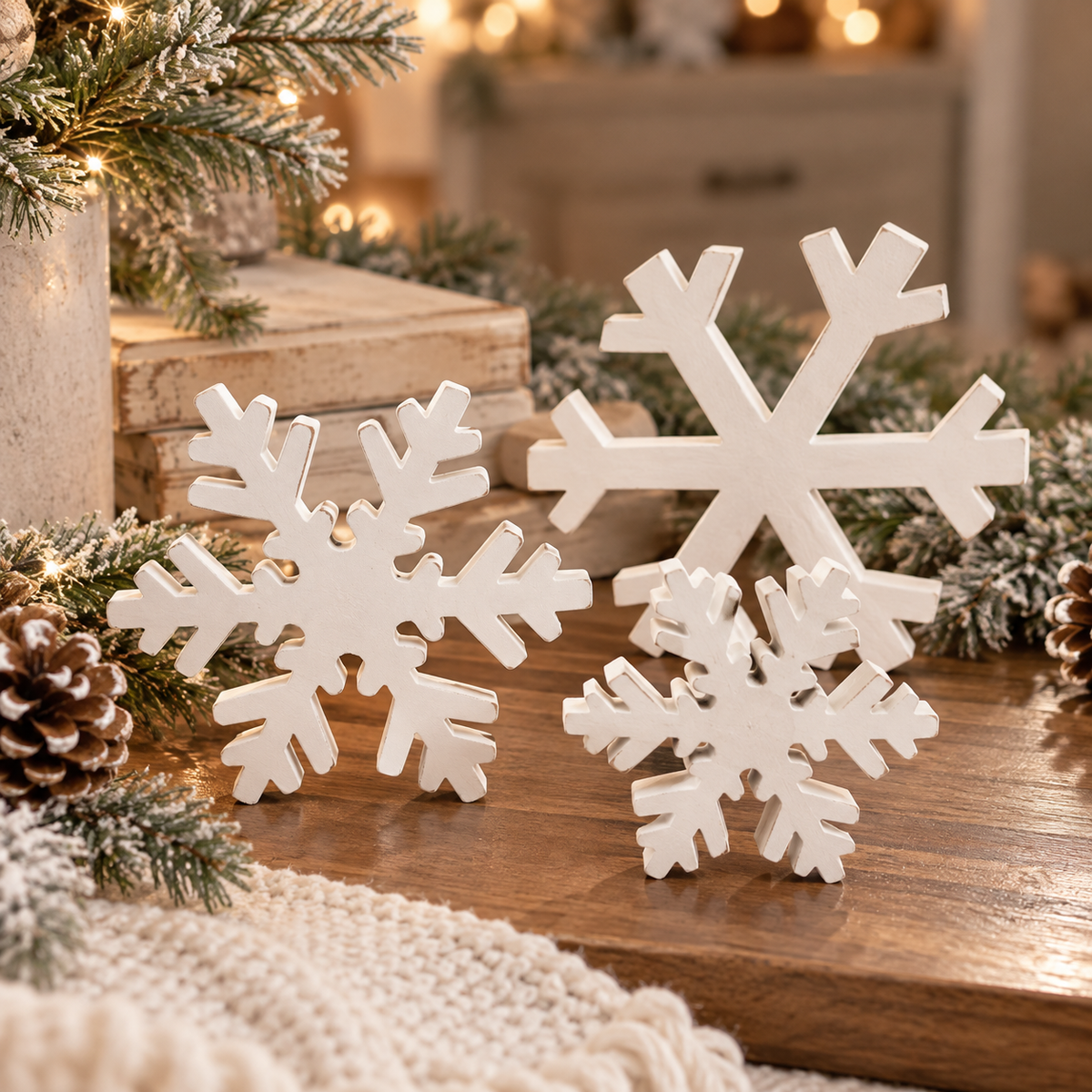 Holiday shelf décor with white wooden snowflakes
Christmas fireplace display featuring freestanding snowflakes
White wooden snowflakes surrounded by warm holiday lights