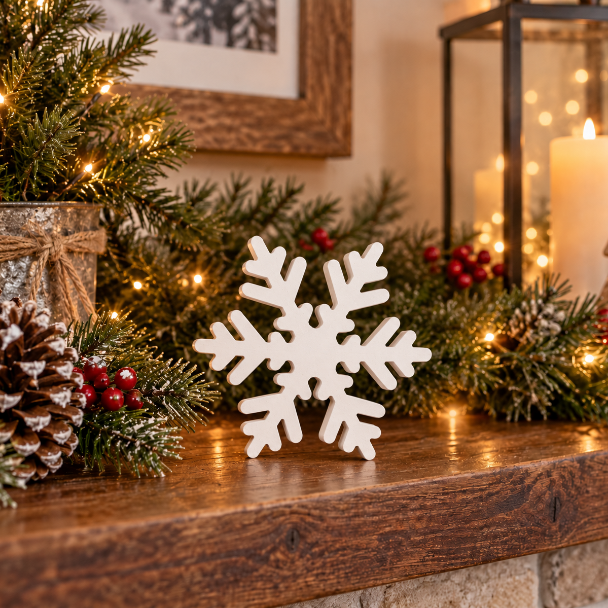 Wooden Snowflake Christmas Decor Set, White Farmhouse Holiday Decorations, Rustic Winter Snowflake Table Decor