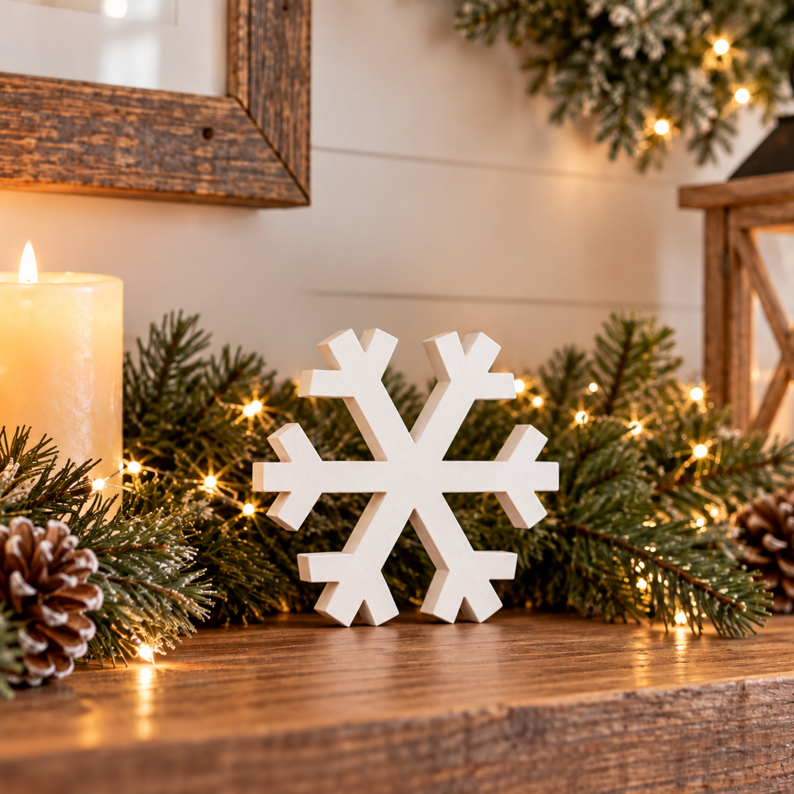 wooden snowflakes, farmhouse Christmas decor, white Christmas decorations, and tabletop holiday decor.