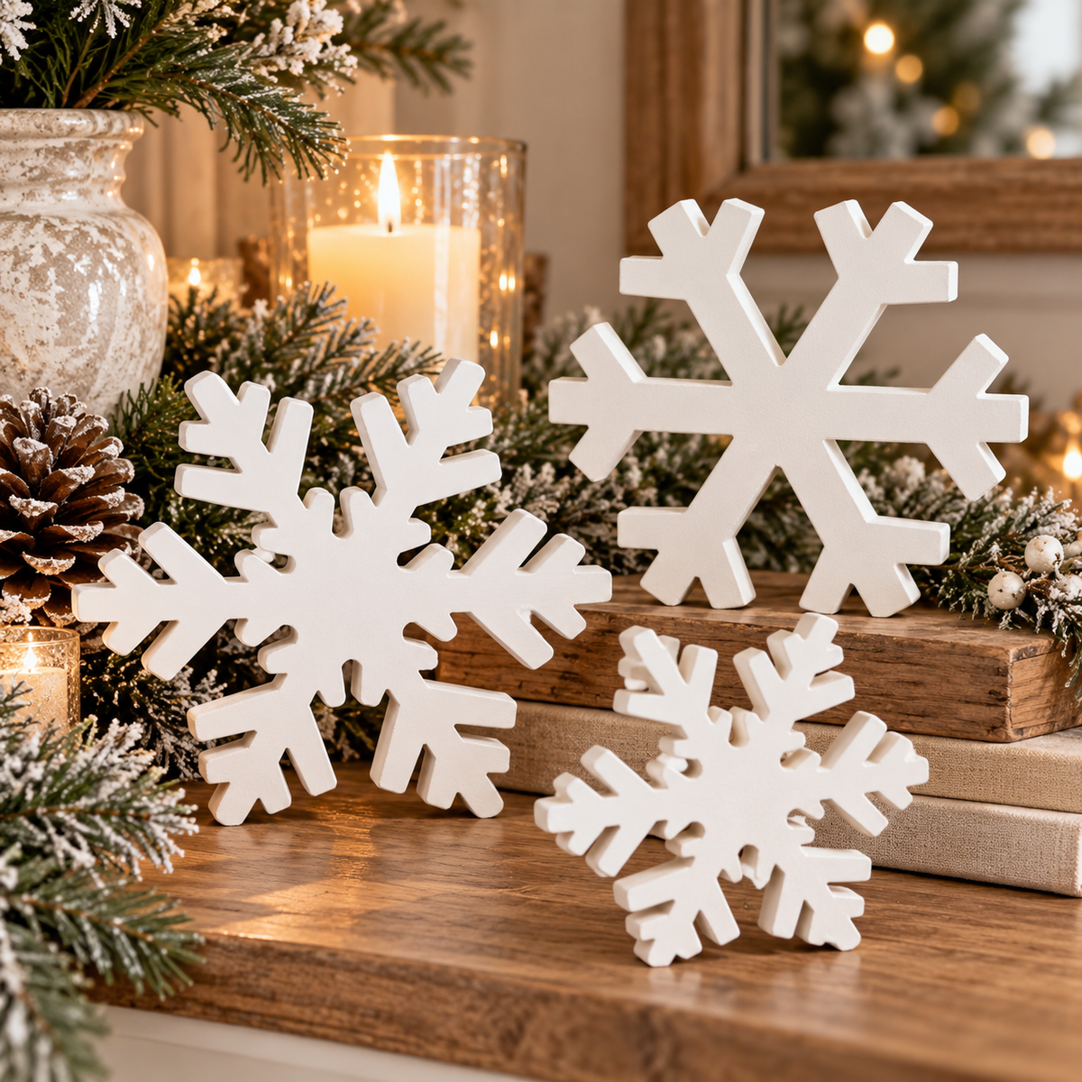 Christmas hostess gift with winter snowflake décor
White wooden snowflakes for a holiday gift basket
Winter decoration gift for newlyweds
