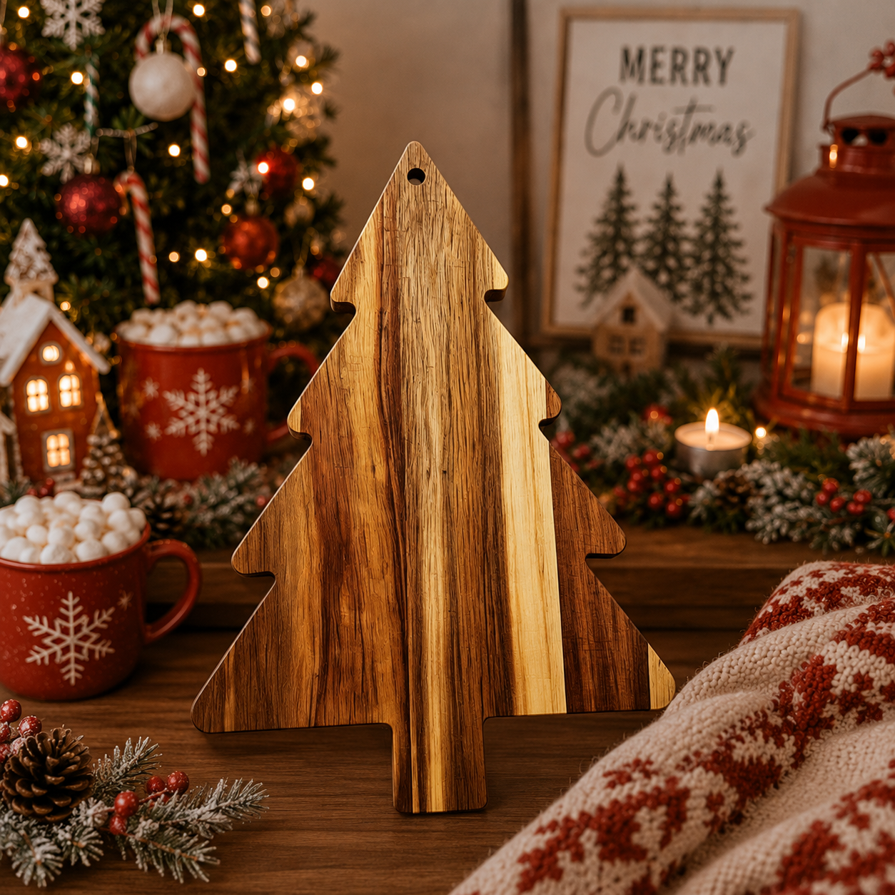 Christmas tree charcuterie board in a cozy holiday kitchen setting
Acacia wood serving board styled for Christmas entertaining
Rustic Christmas kitchen with a wooden tree-shaped serving board
Christmas tree cutting board displayed on a festive holiday table
Holiday charcuterie board surrounded by evergreen branches and lights
Wooden Christmas serving board in a warm farmhouse kitchen
Christmas tree food platter styled with rustic holiday decorations