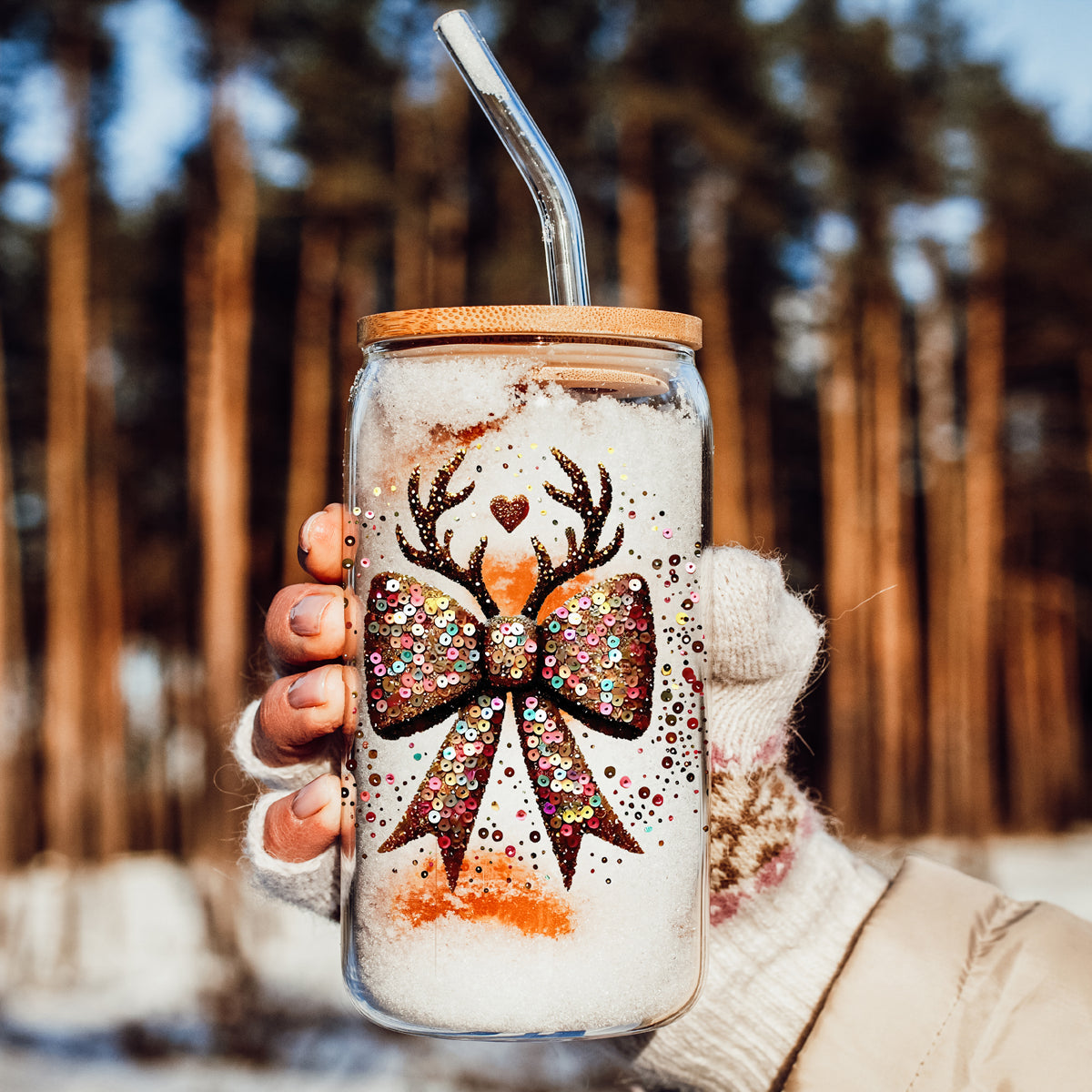 Trendy Christmas gifts glitter glass tumbler 17oz - Holiday sequin bow reindeer drinkware bamboo lid
Instagram worthy Christmas glass cup 17oz - Sparkly glitter sequin reindeer bow holiday tumbler bamboo lid straw