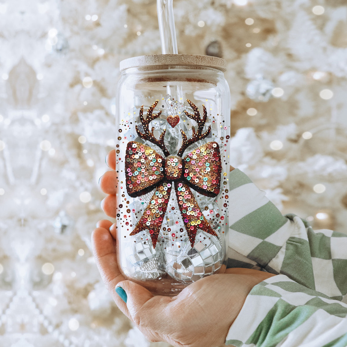 Christmas sparkle drinkware glass tumbler 17oz - Glitter sequin reindeer bow bamboo lid - Holiday glamour coffee cup