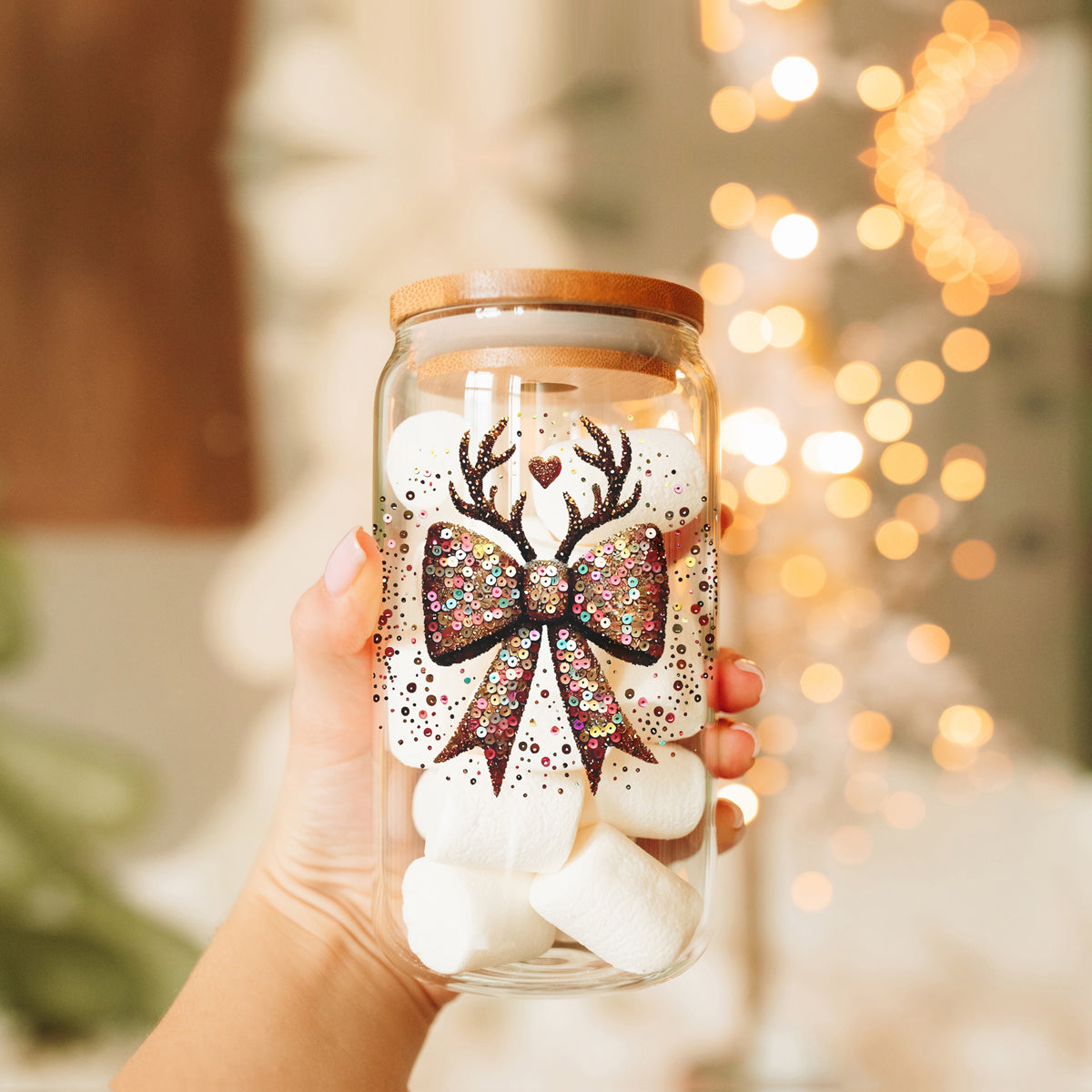 17oz glamorous holiday glass tumbler eco-friendly - Christmas glitter bow reindeer coffee cup bamboo lid - Sequin kitchen decor