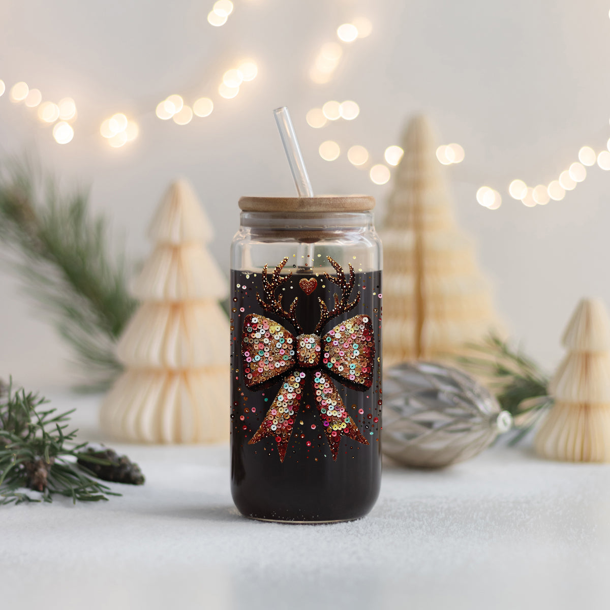Sparkly sequin Christmas tumbler - reusable festive glass cup with straw
Unique Christmas kitchen gift - glitter bow reindeer tumbler cup
