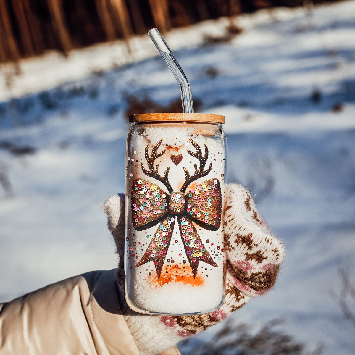 Holiday drinkware 
Christmas glitter bow reindeer tumbler bamboo lid - Festive sequin coffee gift with straw
Christmas glass drinkware - Glitter sequin reindeer antlers holiday cup with glass straw - Sparkly bow design kitchen gift