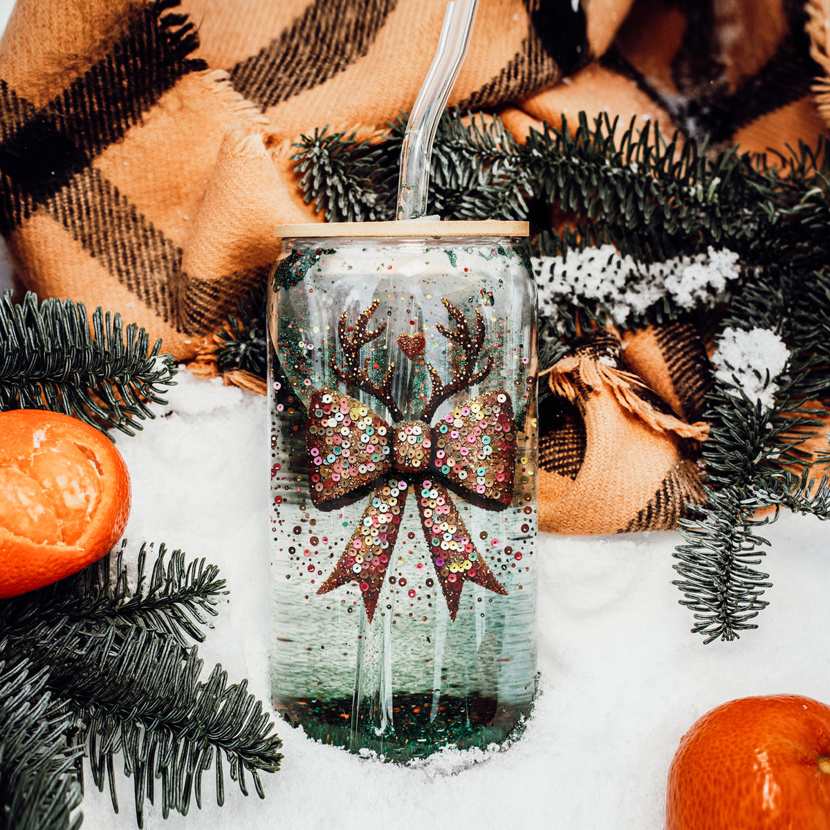 Christmas gifts under $20 glitter sequin glass tumbler 17oz - Holiday reindeer bow coffee cup bamboo lid straw
Unique Christmas gifts sparkly glass cup 17oz - Glitter sequin reindeer bow holiday drinkware bamboo lid
