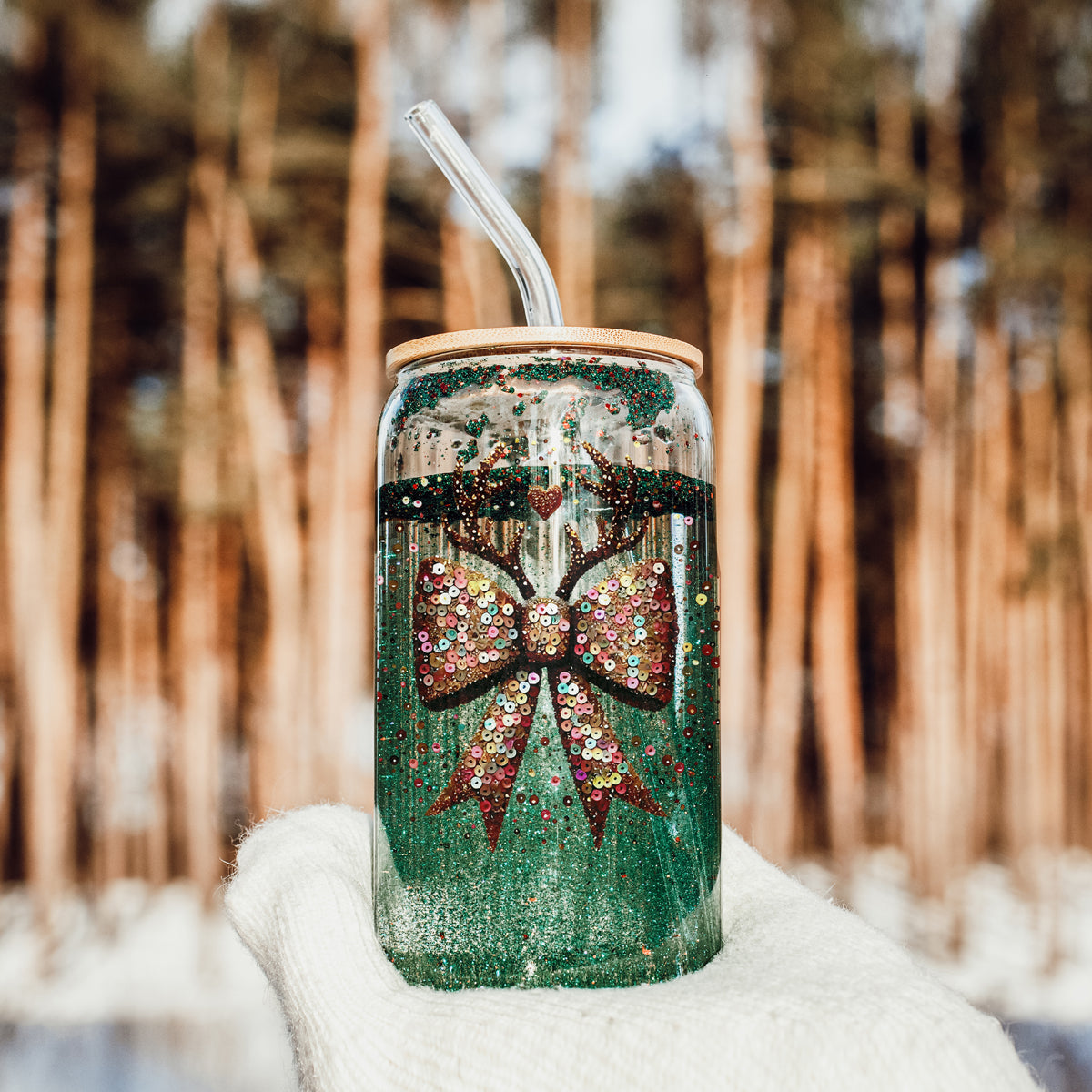 Christmas glass tumbler - Glitter bow reindeer antlers holiday coffee cup with bamboo lid straw - Festive kitchen gift
Coworker Christmas gifts sparkly glass cup 17oz - Holiday glitter bow reindeer office drinkware bamboo lid