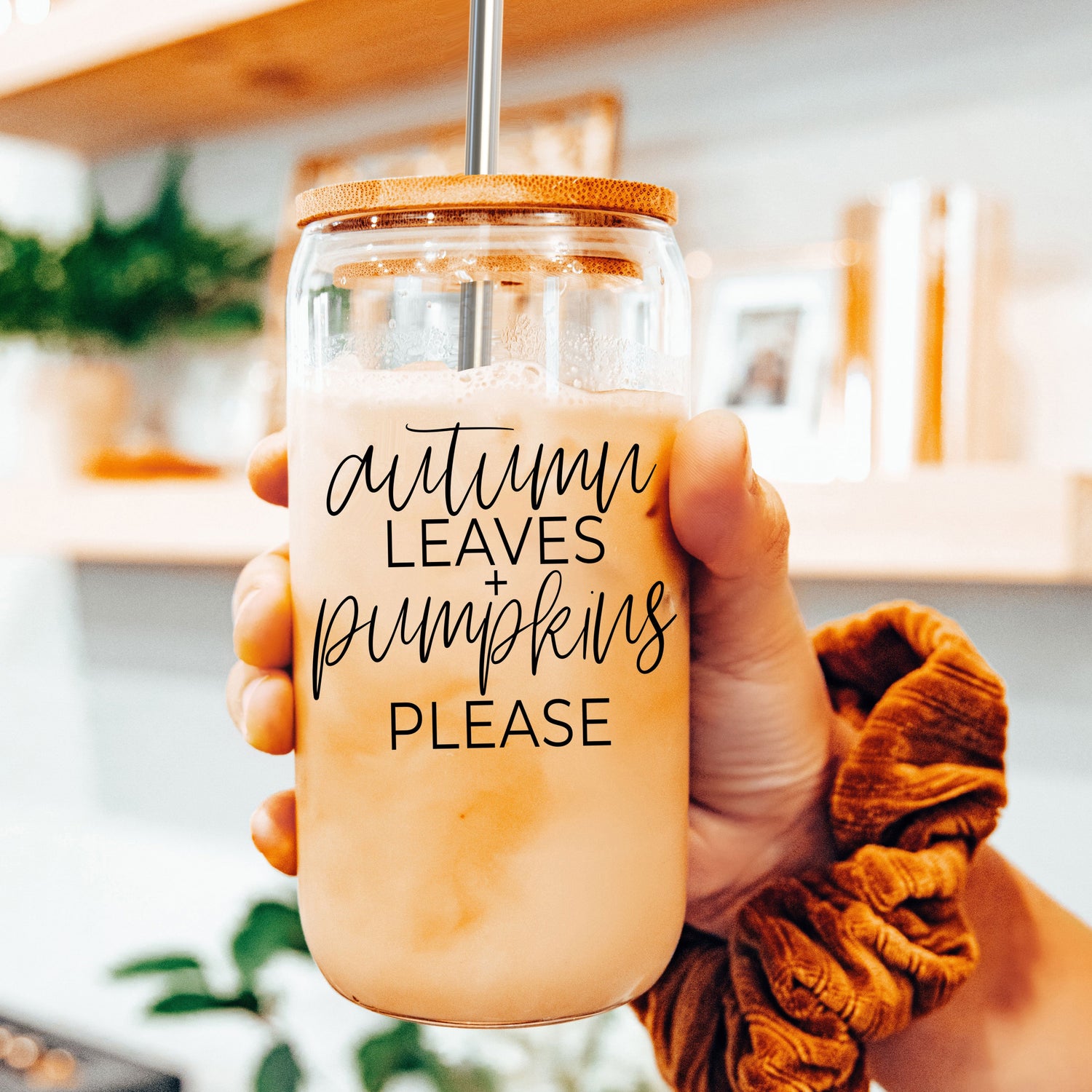 Autumn Leaves and pumpkins please coffee cup with lid and straw