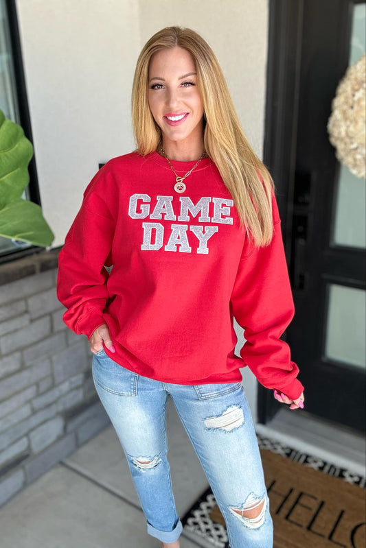 PREORDER: Embroidered Glitter Game Day Sweatshirt in Red/Silver