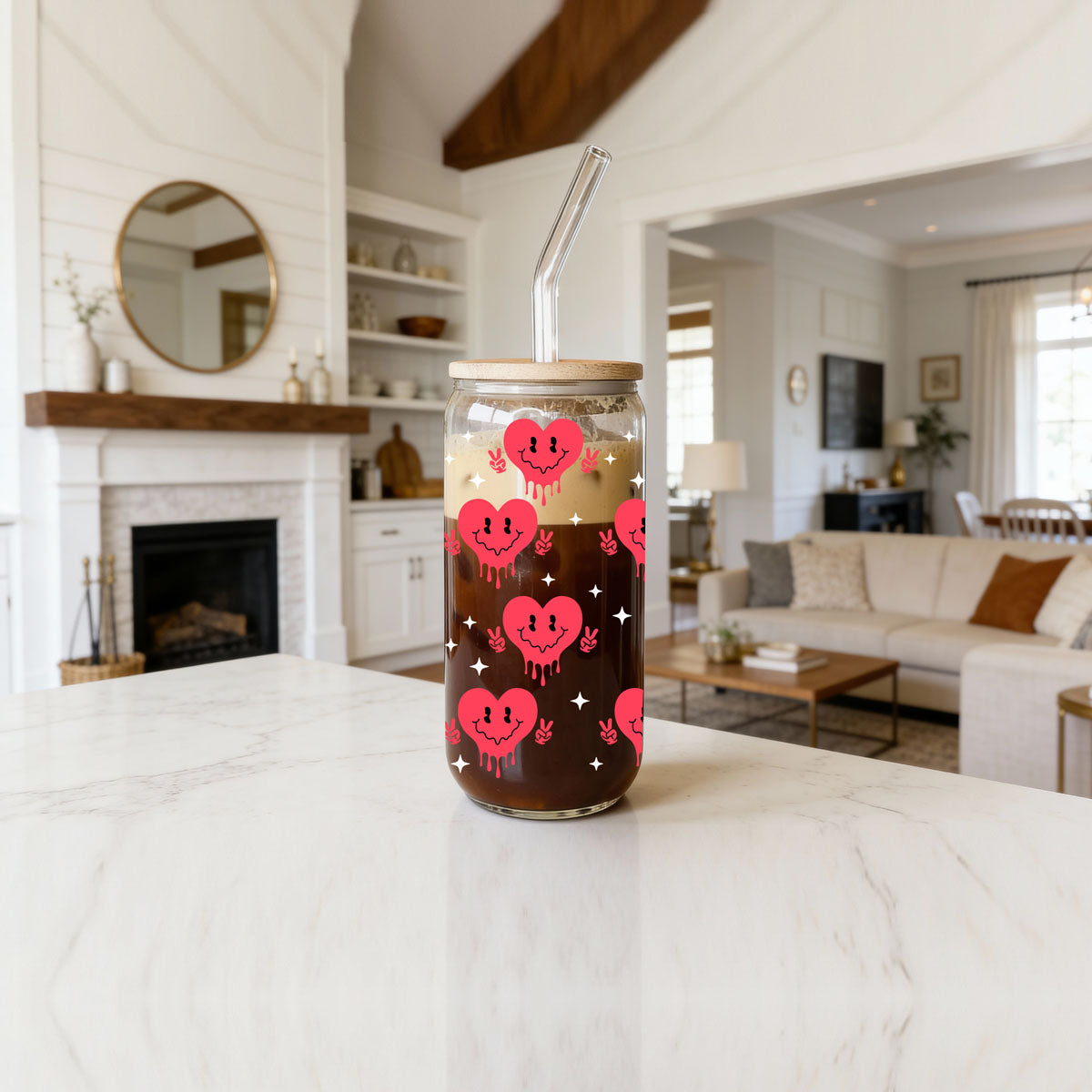 Badass Bougie Bitch 20oz glass cup for strong, confident women.
Retro clip design on a 20oz glass cup with smiley face candy hearts.
Peace sign red candy heart 20oz glass cup for Galentine’s Day gifts.