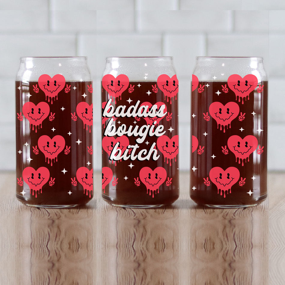 Badass Bougie Bitch 20oz glass cup for strong, confident women.
Retro clip design on a 20oz glass cup with smiley face candy hearts.
Peace sign red candy heart 20oz glass cup for Galentine’s Day gifts.