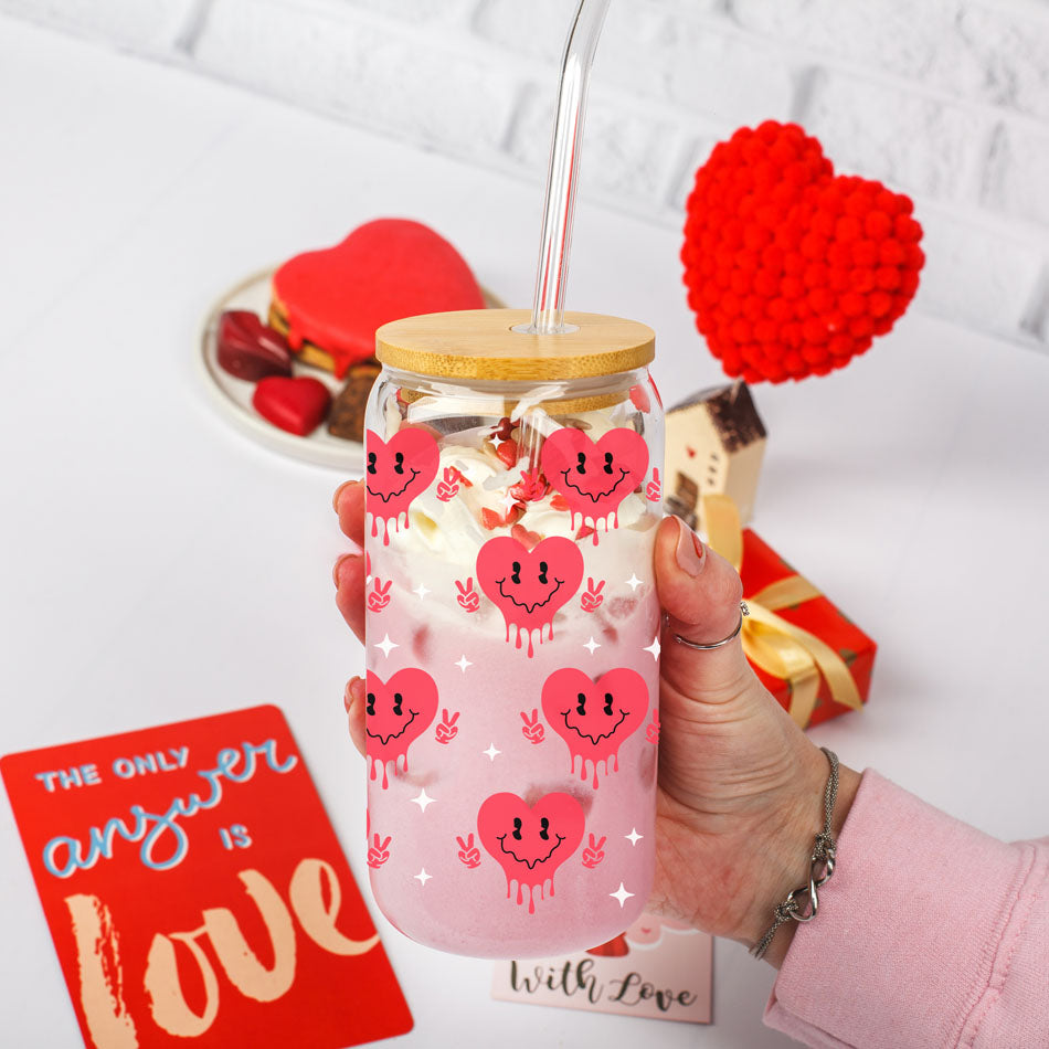 Wholesale 20oz glass cups with red smiley face candy hearts and peace sign.
Bold and empowering wholesale Valentine’s Day gifts for women.
Galentine’s Day wholesale glass cups with retro candy heart designs.