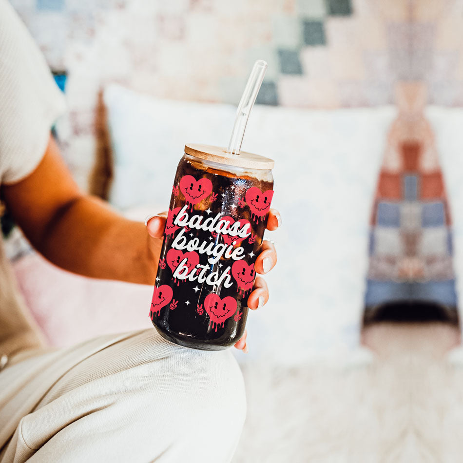 Best friend and sister Valentine’s Day gift ideas in bulk.
Funny and empowering 20oz glass cups for retail stores.
Galentine’s Day gifts featuring retro candy heart glass cups.