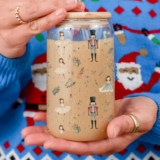 Holiday sparkle drinkware – traditional Nutcracker design with soft holiday tones
Unique Christmas coffee cup – pastel glass tumbler with Nutcracker soldiers and ballerinas