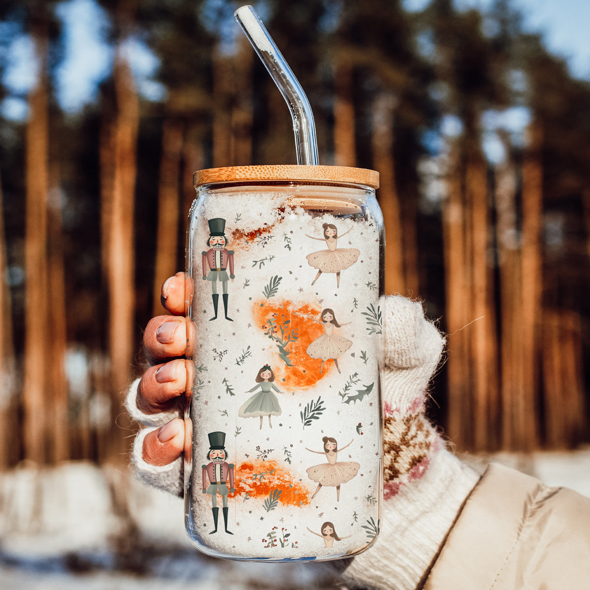 Holiday coffee tumbler gift – traditional Christmas glass cup for moms and home chefs
Coffee bar essential – neutral pastel Nutcracker Christmas glass cup