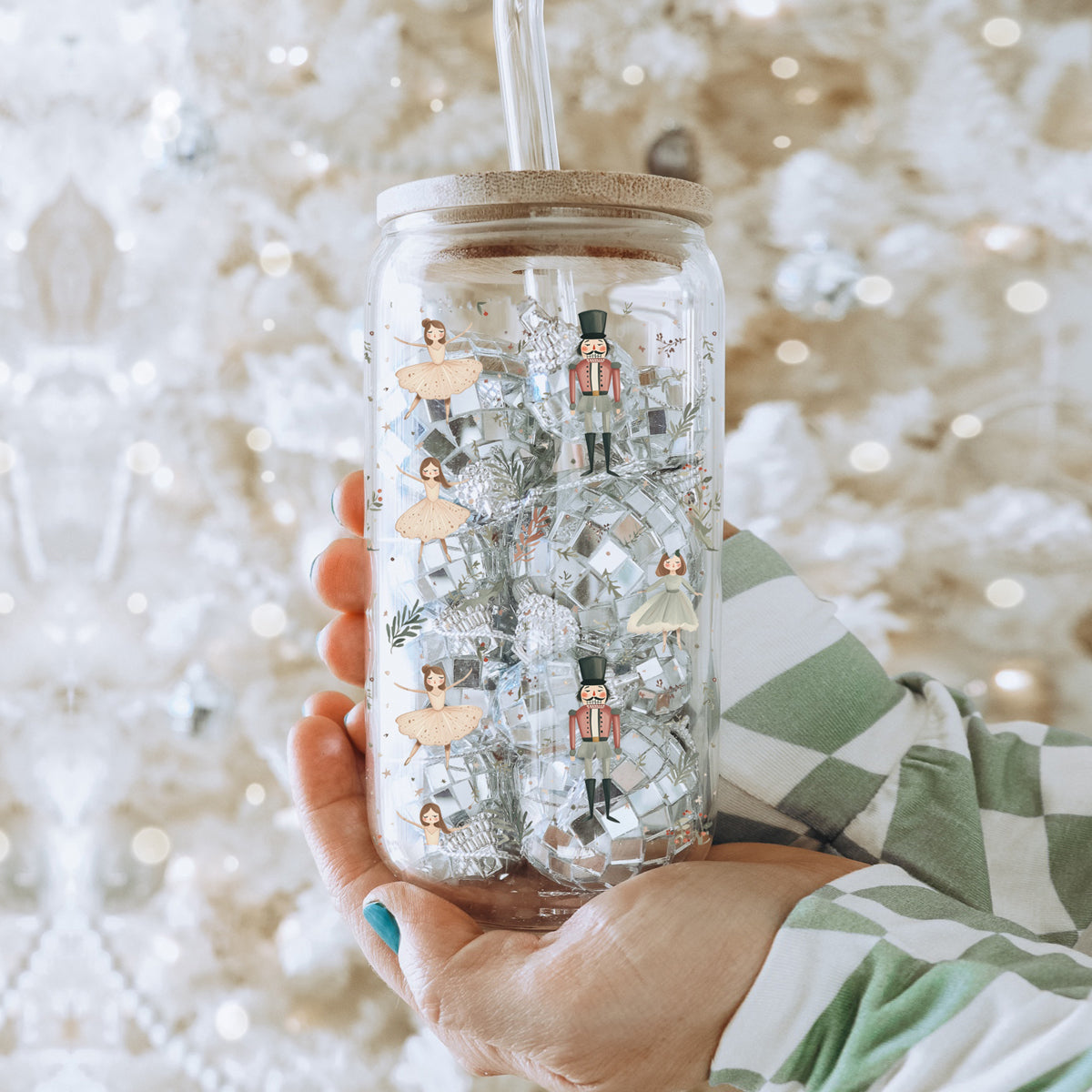 Christmas coffee gifts glass tumbler 17oz - Nutcracker ballerina pastel holiday drinkware bamboo lid - Soft kitchen accessories