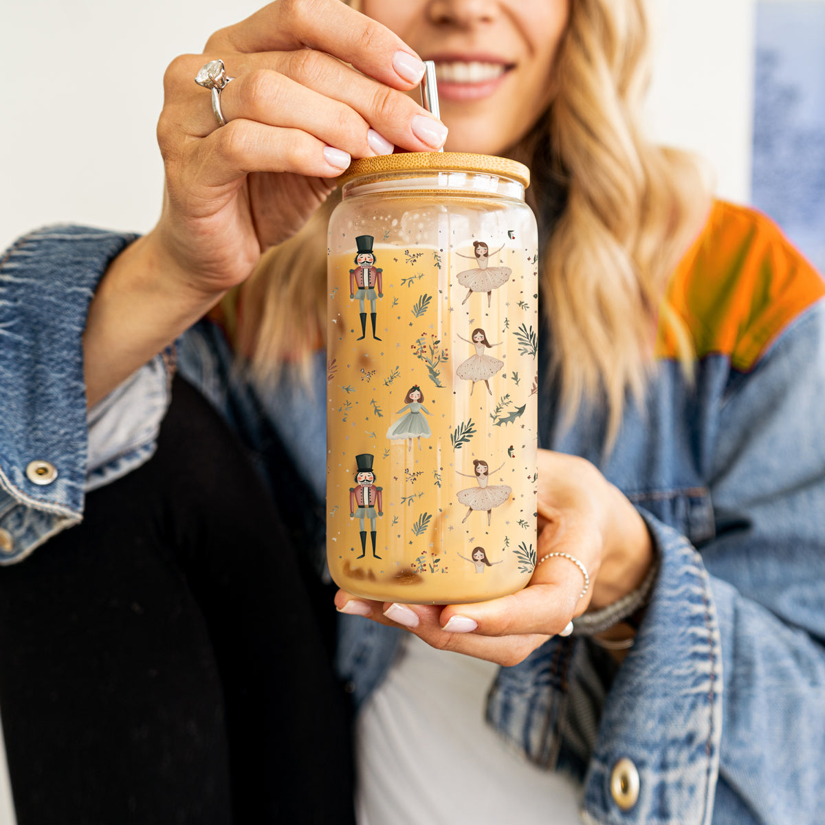 17oz Christmas coffee tumbler glass - Pastel nutcracker ballerina holiday kitchen gifts bamboo lid straw - Soft design