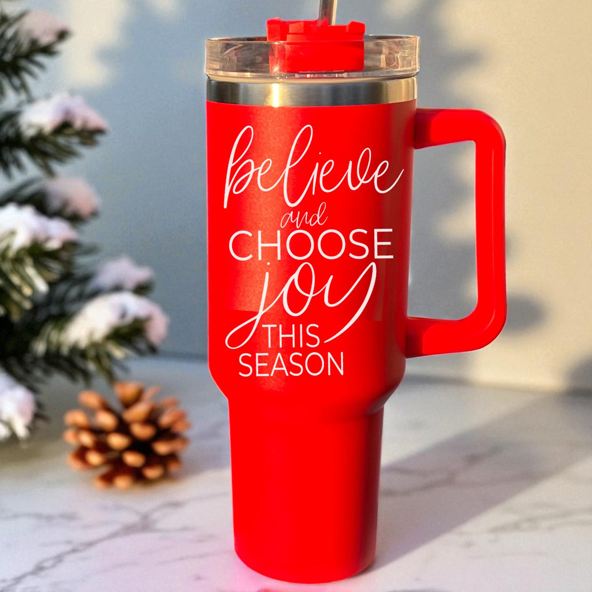 Red travel mug with motivational quote 
Christmas inspirational tumbler 40oz red - believe and choose joy this season
40oz Christmas tumbler red holiday gift
Red Christmas tumbler 40oz motivational
Christmas faith tumbler red 40oz drinkware
Holiday inspiration tumbler 40oz 