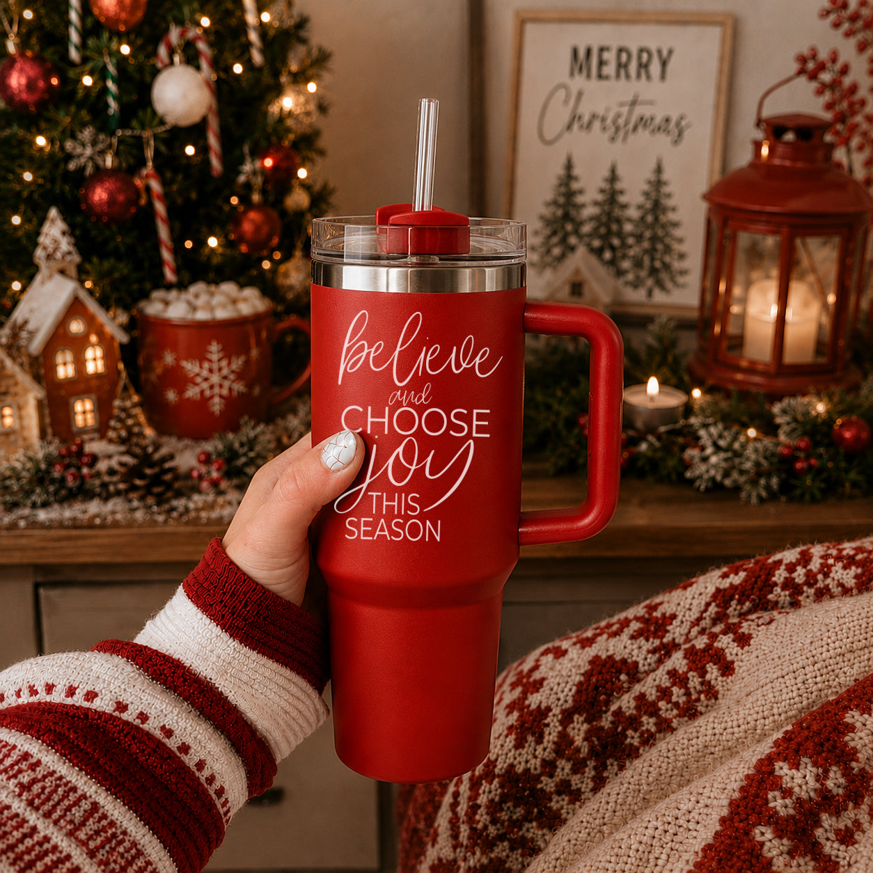 Red travel mug with motivational quote 
Christmas inspirational tumbler 40oz red - believe and choose joy this season
40oz Christmas tumbler red holiday gift
Red Christmas tumbler 40oz motivational
Christmas faith tumbler red 40oz drinkware
