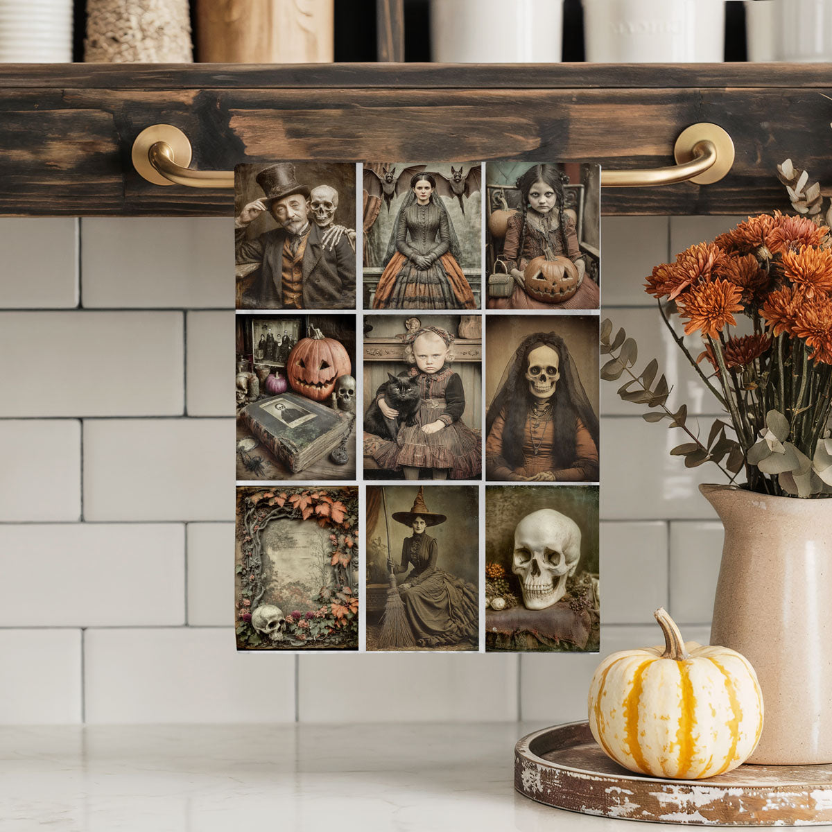 retro halloween kitchen linen with creepy family photos
unique halloween hand towel with vintage photograph collage
vintage halloween pumpkin and skull towel for moody décor
antique postcard style halloween picture towel
