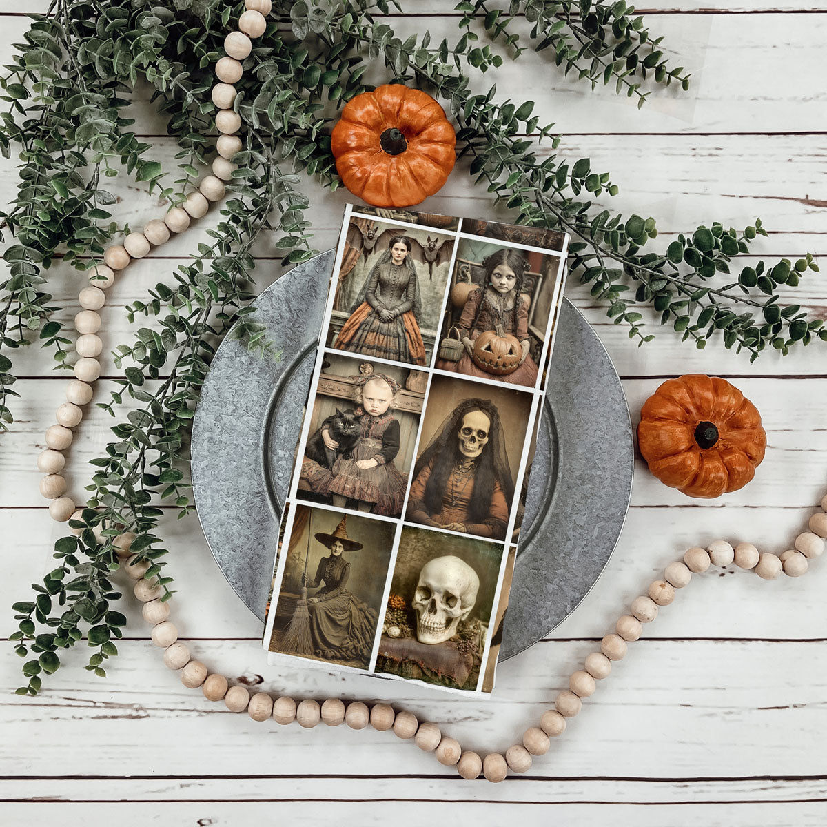 vintage halloween kitchen towel for spooky décor
unique vintage halloween dish towel gift
retro halloween flour sack towel with eerie portraits
antique style halloween kitchen towel for gothic homes