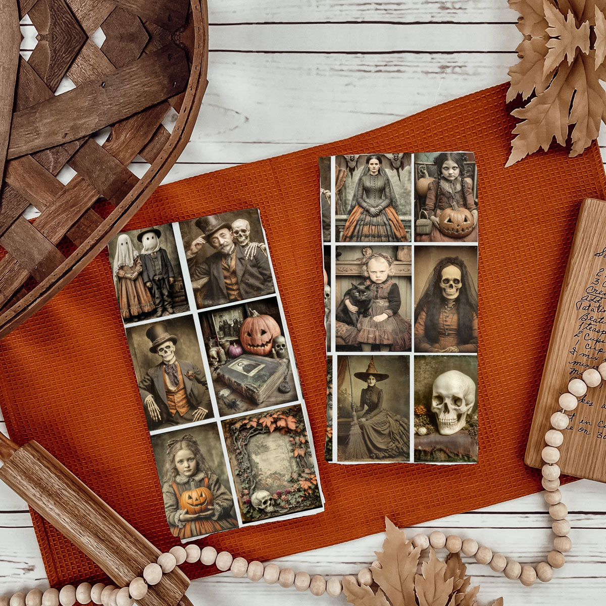 creepy halloween towel with moody portraits and jack o lanterns
unique halloween kitchen towel for horror movie lovers
gothic vintage halloween towel for dark cottagecore décor